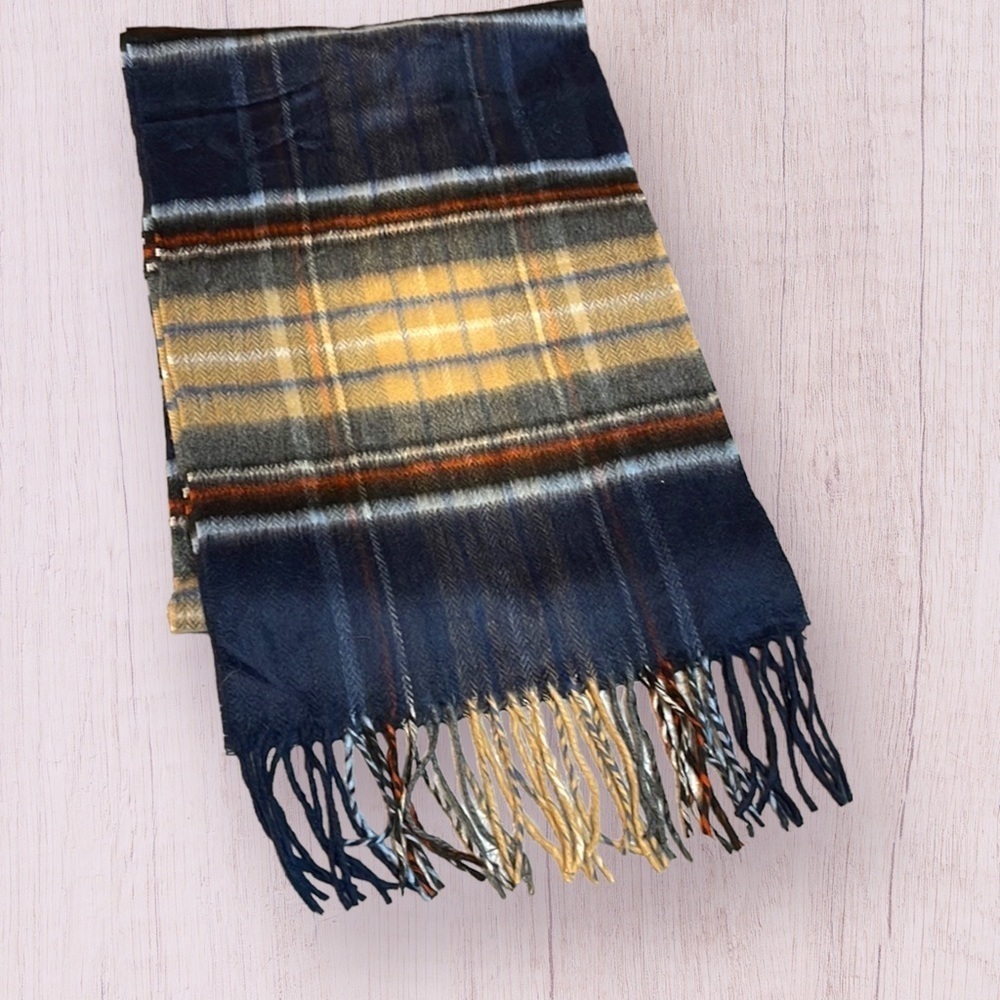 Navy and Yellow Plaid Fringe Scarf - Women's Accessory